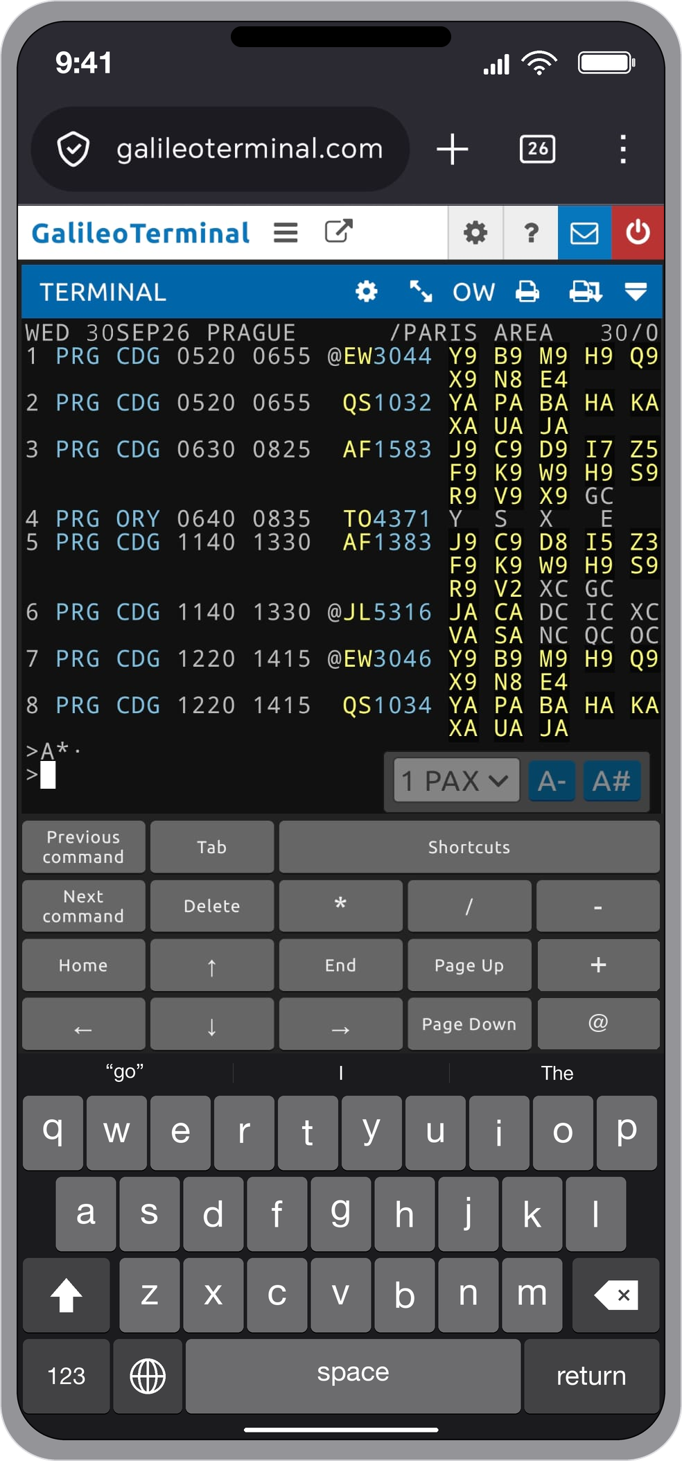 GalileoTerminal on mobile with the + and @ keys in the function key bar